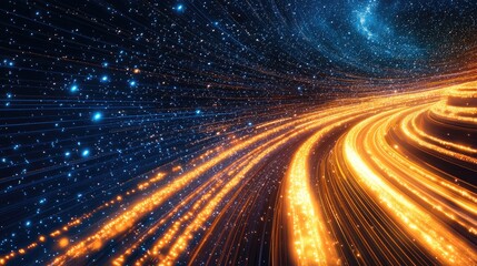 Poster - Abstract cosmic landscape depicting streaks of glowing light amidst a starry night sky, illustrating motion and energy in a space-inspired universe design.