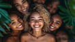 © cactusimage - A joyful group of young women laughing together surrounded by lush green leaves, capturing the essence of friendship, happiness, and natural beauty.