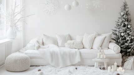 Poster - A white living room with a white couch, a white Christmas tree