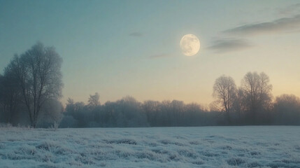 Poster - A snow-covered field stretches out under a pale sky, illuminated by a large moon