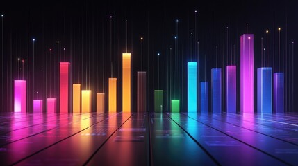 Poster - Vibrant Data Visualization with Colorful Bars and Dots Representing Digital Metrics and Analytics on a Glossy Surface in Dark Background