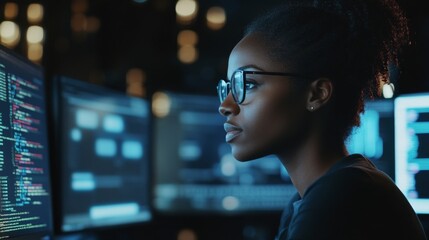 Focused Female Software Engineer Working Late at Night
