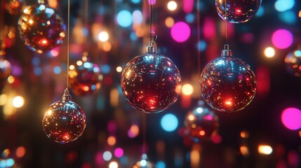 Poster - Shimmering Glass Ornaments Hanging with Colorful Bokeh Lights Creating a Magical and Festive Atmosphere for Holiday Celebrations and Seasonal Decorations