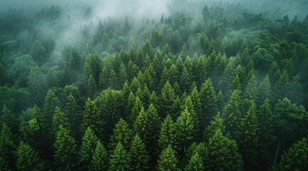 Misty pine forest on the mountain slope in a nature reserve