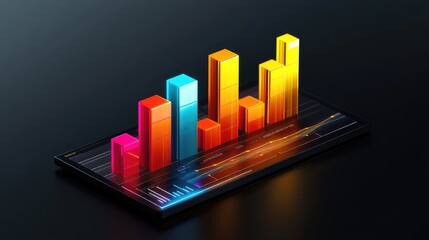 Poster - Colorful 3D Bar Graph Displaying Financial Data on a Smartphone Screen, Symbolizing Business Growth and Modern Analytics in a Dark Background