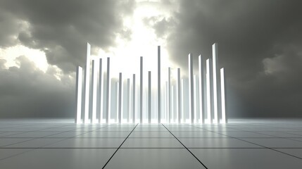 Poster - Ethereal Light Beams Emerging from Clouds Over a Futuristic Landscape with Vertical Pillars Casting Shadows on a Reflective Surface