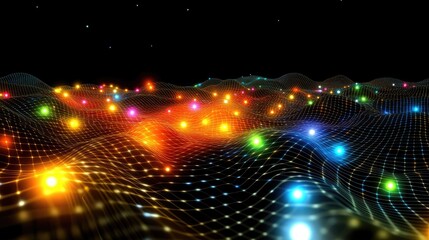 Poster - Vibrant Abstract Landscape with Illuminated Dots in Vivid Colors, Representing Digital Waves and Futuristic Technology in a Dark Background