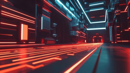 Poster - Futuristic Neon Pathway in a High-Tech Environment with Glowing Lines and Sleek Architecture, Perfect for Science Fiction and Digital Innovation Themes