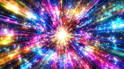 Poster - Vibrant Explosion of Colorful Light Rays Radiating Outward in a Starry Background, Creating a Cosmic Energy Effect for Digital Art and Graphic Design Projects