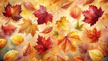 Wall Mural - Autumn Leaves Watercolor Pattern A beautiful arrangement of falling leaves in shades of red, orange, yellow, and brown on a warm watercolor background.