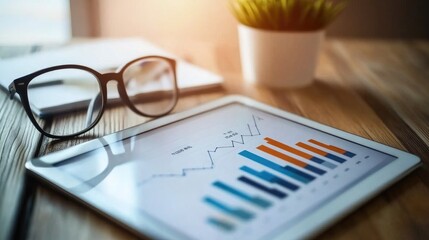 Poster - Modern Workspace with Tablet Showing Growth Chart, Stylish Glasses, and Potted Plant on Wooden Desk, Ideal for Business and Finance Themes