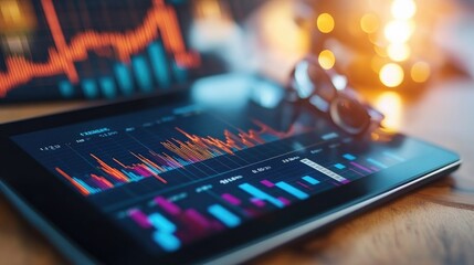  - Digital Financial Data Analysis on a Tablet with Colorful Graphs and Bokeh Lights in Background, Depicting Modern Technology and Business Insights