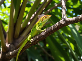 Wall Mural - bright green lizard perched on a tree branch in a lush jungle during daylight, showcasing its vibran