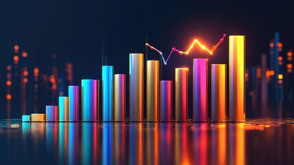 Poster - Colorful 3D Bar Graph with Growing Data Trend, Digital Finance Visualization, Modern Business Analysis Concept with Reflections and Neon Lights