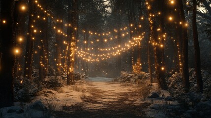 Poster - A forest path is lit up with Christmas lights