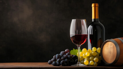 Wall Mural - A serene still life of red wine, fresh grapes, and a wooden barrel on a rustic table at sunset