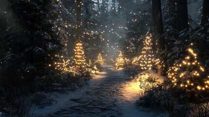 Poster - A path through a forest is lit up with Christmas lights
