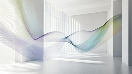 Poster - Abstract Wave Pattern in Modern Interior Space with Bright Natural Light Streaming Through White Drapes and Soft Color Gradients Creating Artistic Atmosphere