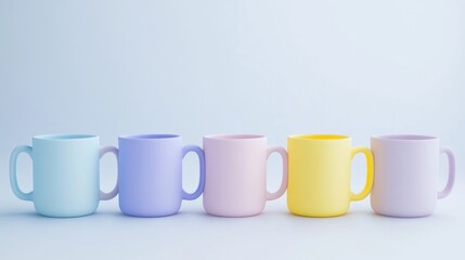 Poster - Colorful Pastel Mugs in a Row against a Soft Blue Background for Modern Kitchen Aesthetics and Stylish Beverage Presentation