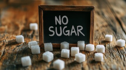 Poster - Small framed chalkboard displaying no sugar message surrounded by sugar cubes on rustic wooden table promotes healthy eating habits and raises awareness about sugar reduction