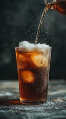 Poster - Refreshing soda being poured into glass filled with ice, creating a bubbly and tempting beverage, highlighting the high sugar content and its association with unhealthy lifestyle choices