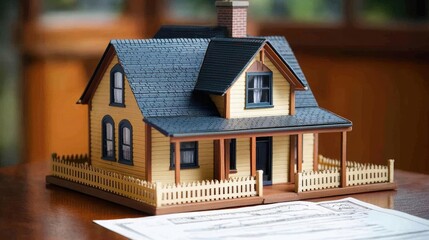 Poster - A charming model house sits atop some paperwork, symbolizing the dream of homeownership. The miniature home is detailed, complete with a picket fence and a classic design.