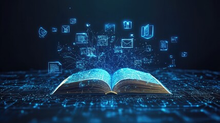 Poster - Knowledge and education with open book and floating symbols of learning