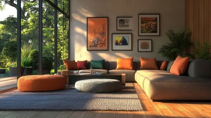 Poster - Modern living room with multiple frame mockups in a gallery layout