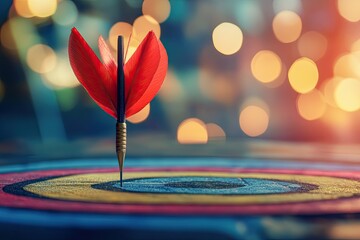 Fototapete - The slow movement of an arrow hitting a target. Close-up of an arrow hitting a target on a colorful board. 