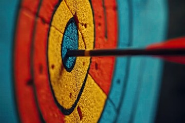 Fototapete - The slow movement of an arrow hitting a target. Close-up of an arrow hitting a target on a colorful board. 
