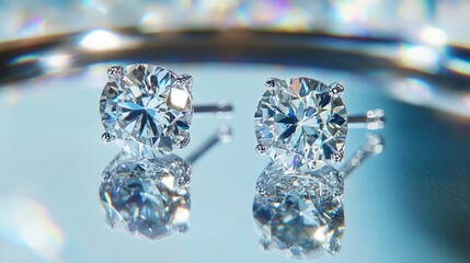 Poster - Exquisite Close-Up of Sparkling Diamond Earrings Reflecting Light on a Mirror Surface, Showcasing the Brilliant Clarity and Precision of Fine Jewelry Craftsmanship