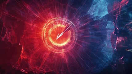 Fototapete - Abstract digital art depicting a fiery arrow piercing a glowing circular target, set against a backdrop of contrasting red and blue hues.  The image evokes a sense of power and dynamism.