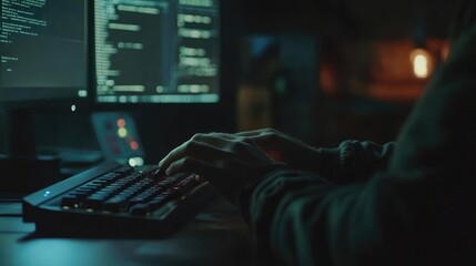  - A person's hands are illuminated by the glow of computer screens as they code late into the night.  The dark and moody atmosphere adds to the intensity of the work.