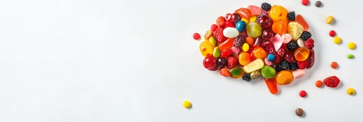 Poster - Colorful candies shaped like a brain on white background show sugar's impact on health, urging for a low sugar lifestyle