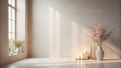 Sticker - Minimalist Interior Design with Sunlight Streaming Through a Window and a Vase of Dried Pampas Grass