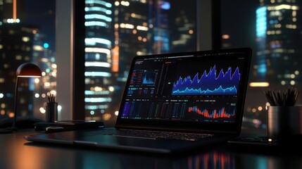  - Modern Workspace with Laptop Displaying Financial Data and Stock Market Graphs Against a City Skyline at Night, Illuminated by Urban Lights