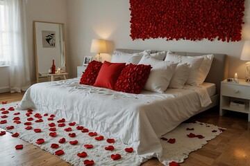 Wall Mural - Valentines day living room, bed room wiht red rose petals