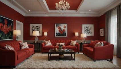 Wall Mural - Vibrant interior featuring red sofa adorned with decorative pillows, complemented by heart-themed artwork on walls. This cozy space exudes warmth and love, perfect for Valentines Day