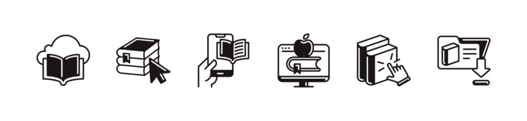 Poster - education online library digital book icon set e-book dictionary journal literature e-learning media school business download book online course signs vector illustration