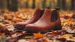 © zulie - Brown leather boots on colorful autumn leaves.