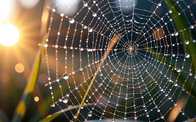 Morning Dew Drops on Spider Web with Sunrise