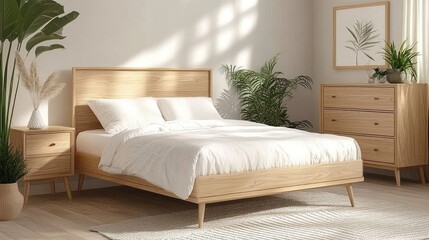 Poster - Modern Minimalist Bedroom Design Featuring Natural Wood Furniture with Fresh Green Plants and Soft Natural Light for a Cozy Ambiance