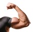 © Chase D’Animulls - biceps brachii is a large muscle that lies on the front of the upper arm between the shoulder and the elbow. Flexing.  Isolated on white background with copy space