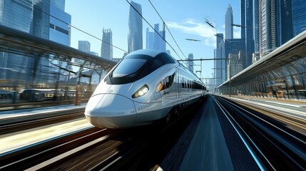 Poster - Modern High-Speed Train Racing Down Urban Track