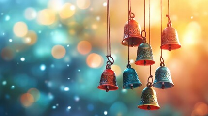 Poster - Beautifully Crafted Decorative Bells Hanging Against a Colorful Bokeh Background with Vibrant Orange and Blue Tones for Artistic and Festive Themes
