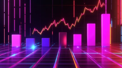 Poster - Vibrant Neon Graph Representing Financial Growth and Data Analysis with Colorful Bars and Lines on a Futuristic Background