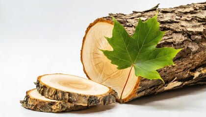 Acer is a genus of tree and shrubs commonly known as maples. Wood log, leaf or leaves showing inside growth rings, used for making planks for building homes or structures. Isolated on white background