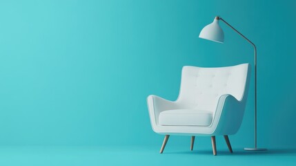 Wall Mural - A white armchair with a lamp on a blue background, interior design and home decor.