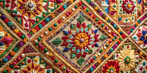 Wall Mural - A close-up of colorful and intricate hand embroidery on fabric, showcasing the artistry of traditional textile techniques.