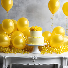 Wall Mural - Birthday cake with yellow balloons and confetti on blue wall background